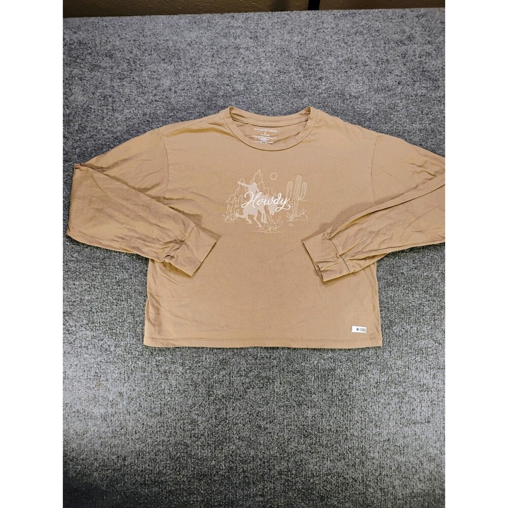 Moonlight Dreams Womens Crop Top M Tan Western Howdy Cactus Long Sleeve Shir